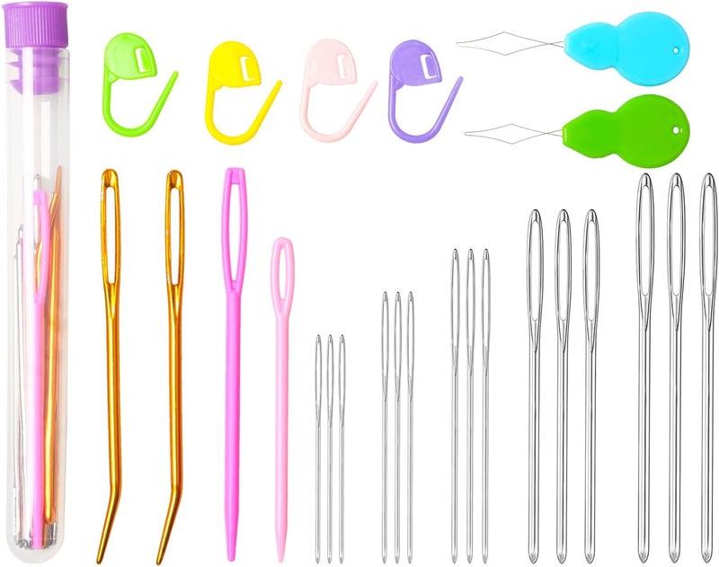 HEKISN 25Pcs Large Eye Blunt Yarn Needles Kit, Assorted Sizes Bent Tapestry Darning Needle & Stitch Markers &Threaers for Knitting, Crochet (Purple) - Image 1